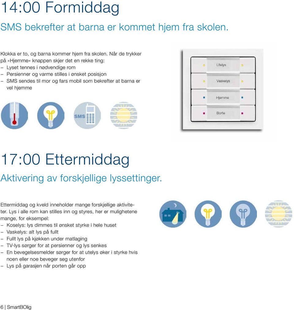 hjemme 17:00 Ettermiddag Aktivering av forskjellige lyssettinger. Ettermiddag og kveld inneholder mange forskjellige aktiviteter.