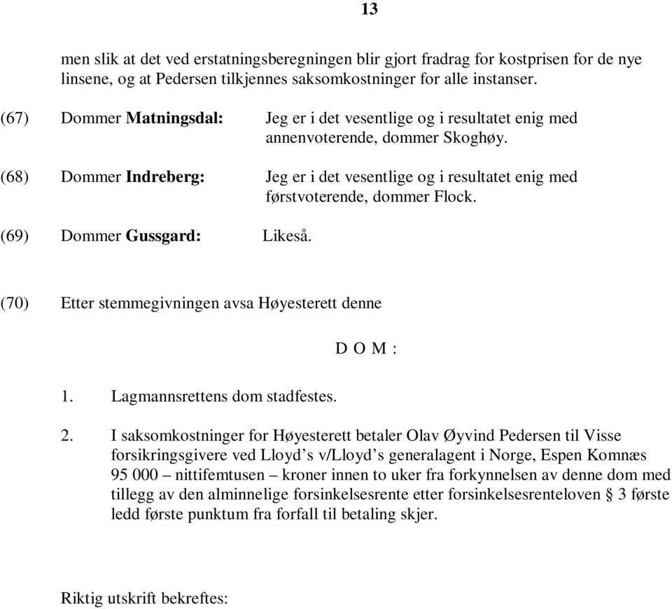 (68) Dommer Indreberg: Jeg er i det vesentlige og i resultatet enig med førstvoterende, dommer Flock. (69) Dommer Gussgard: Likeså. (70) Etter stemmegivningen avsa Høyesterett denne D O M : 1.
