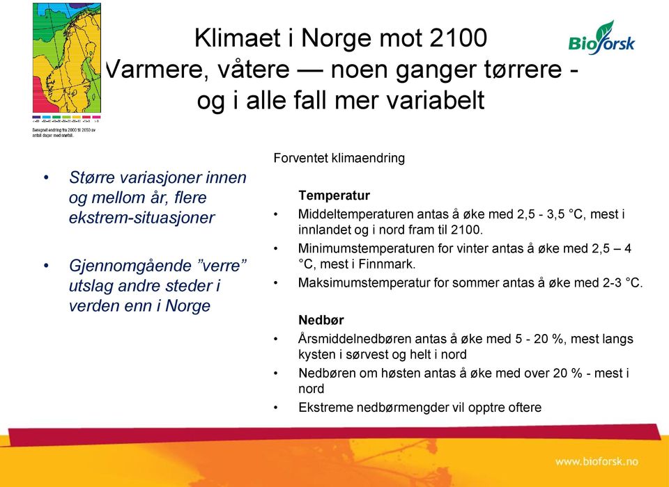 nord fram til 2100. Minimumstemperaturen for vinter antas å øke med 2,5 4 C, mest i Finnmark. Maksimumstemperatur for sommer antas å øke med 2-3 C.