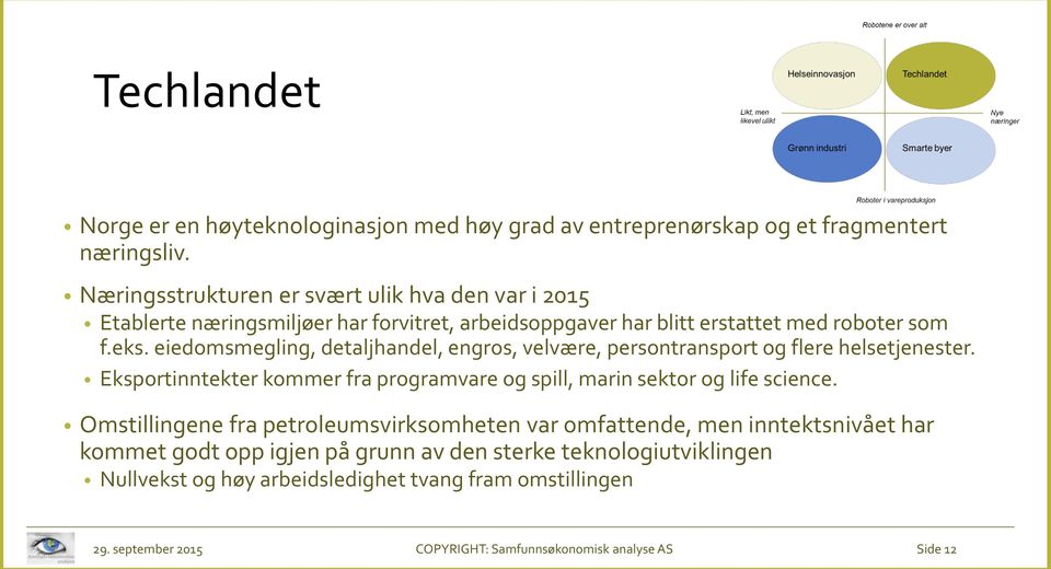 eiedomsmegling, detaljhandel, engros, velvære, persontransport og flere helsetjenester. Eksportinntekter kommer fra programvare og spill, marin sektor og life science.