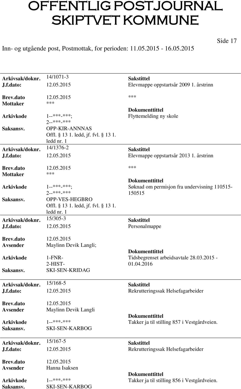 03.2015-01.04.2016 Arkivsak/doknr. 15/168-5 Sakstittel J.f.dato: 12.05.2015 Rekrutteringssak Helsefagarbeider Avsender Maylinn Devik Langli 1--***-*** Takker ja til stilling 857 i Vestgårdveien.