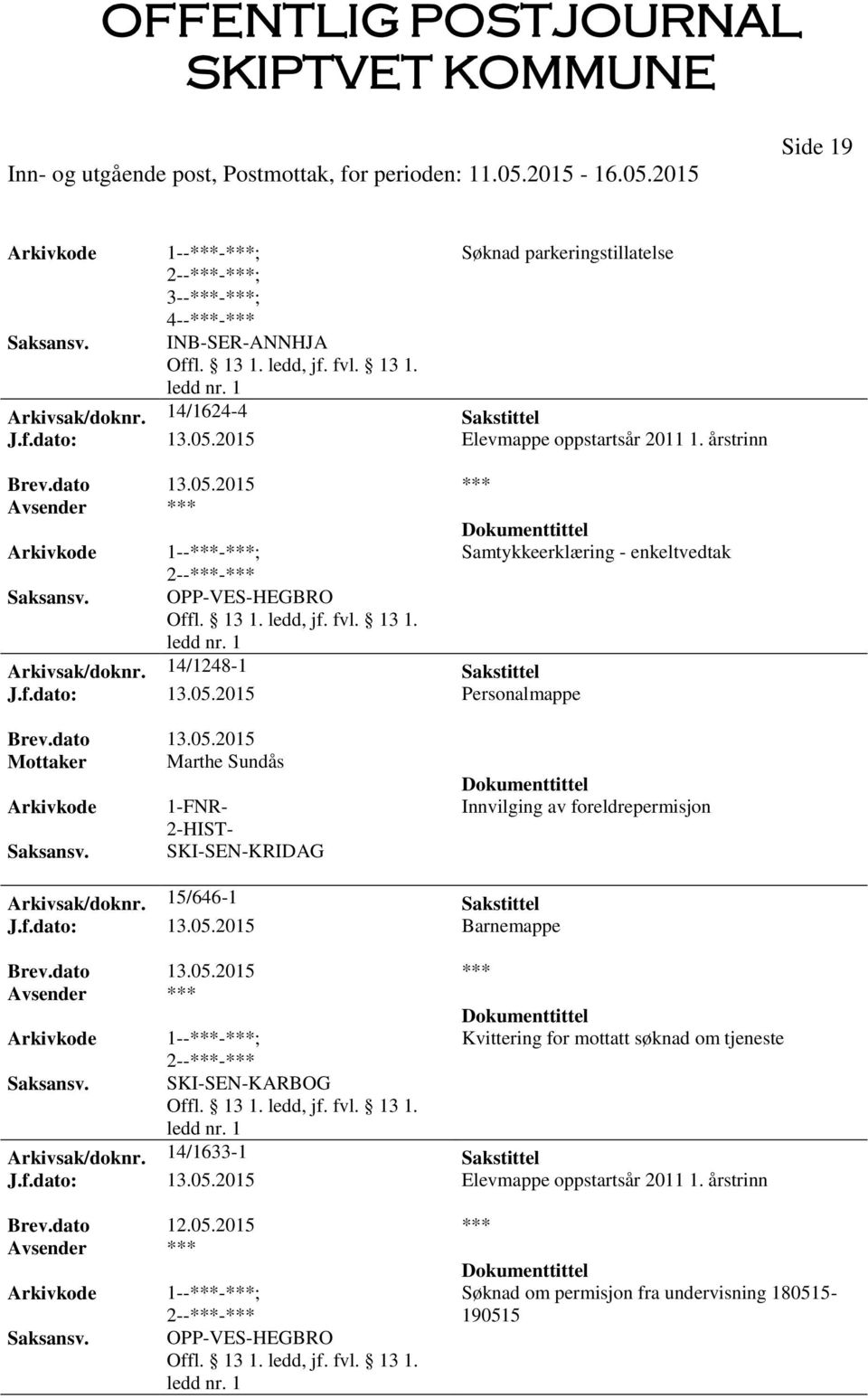 2015 Personalmappe Mottaker Marthe Sundås 1-FNR- 2-HIST- SKI-SEN-KRIDAG Innvilging av foreldrepermisjon Arkivsak/doknr. 15/646-1 Sakstittel J.f.dato: 13.05.