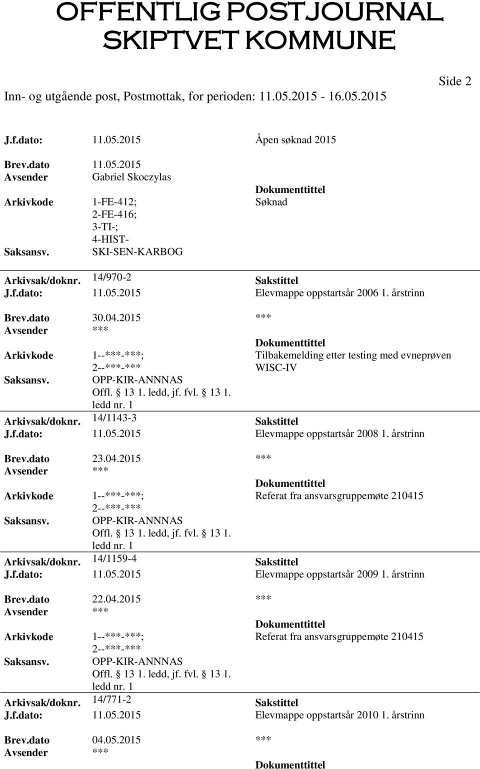 årstrinn Brev.dato 23.04.2015 *** Referat fra ansvarsgruppemøte 210415 OPP-KIR-ANNNAS Arkivsak/doknr. 14/1159-4 Sakstittel J.f.dato: 11.05.2015 Elevmappe oppstartsår 2009 1. årstrinn Brev.dato 22.04.2015 *** Referat fra ansvarsgruppemøte 210415 OPP-KIR-ANNNAS Arkivsak/doknr. 14/771-2 Sakstittel J.