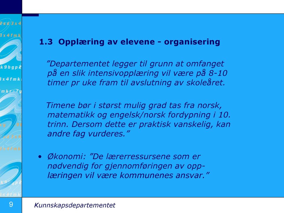 Timene bør i størst mulig grad tas fra norsk, matematikk og engelsk/norsk fordypning i 10. trinn.