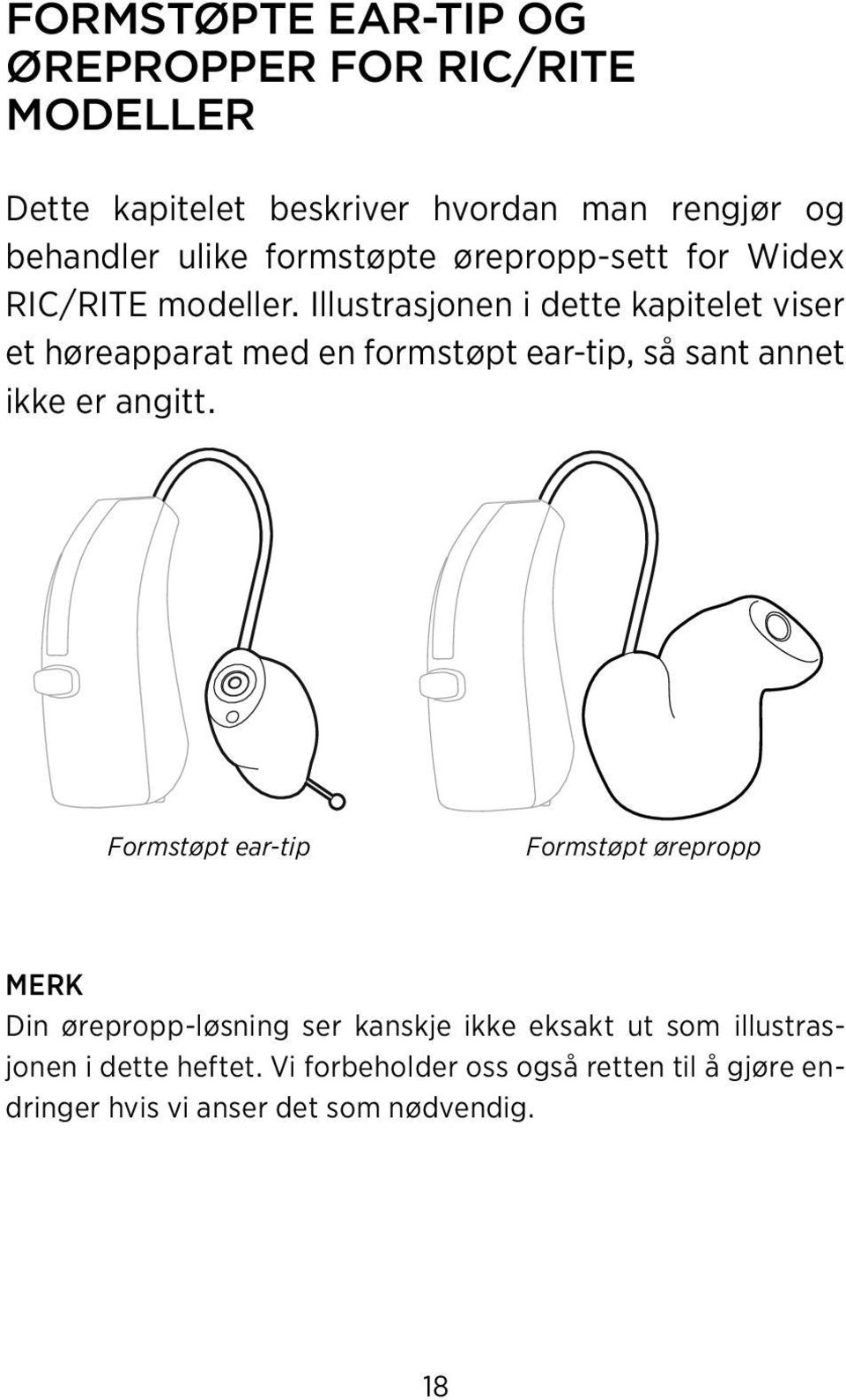 Illustrasjonen i dette kapitelet viser et høreapparat med en formstøpt ear-tip, så sant annet ikke er angitt.