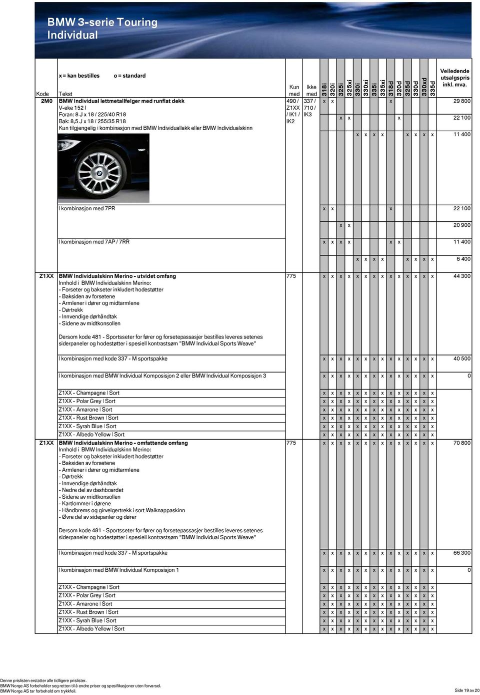 x x x x x 6 400 Z1XX BMW Individualskinn Merino - utvidet omfang Innhold i BMW Individualskinn Merino: - Forseter og bakseter inkludert hodestøtter - Baksiden av forsetene - Armlener i dører og