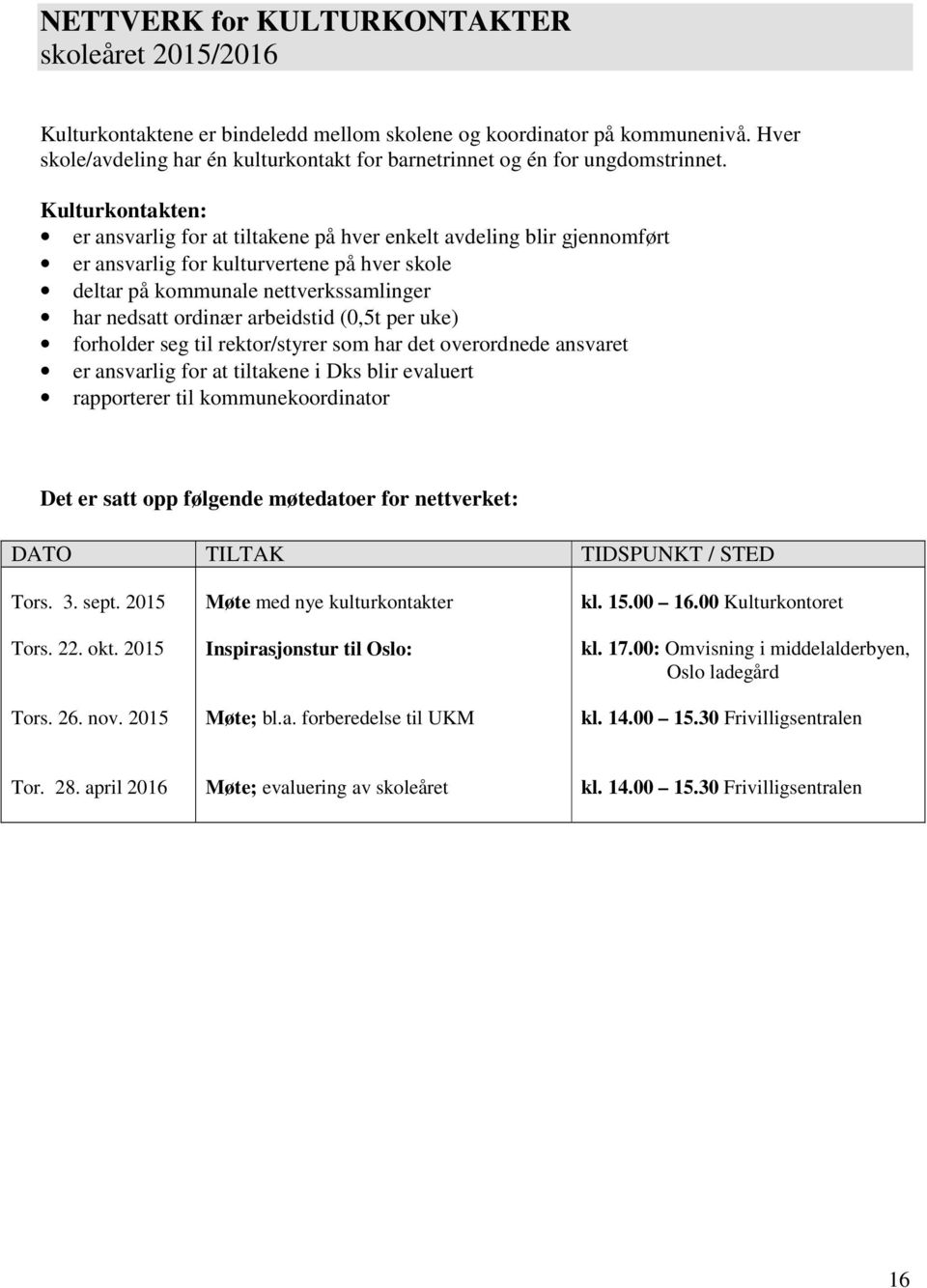 Kulturkontakten: er ansvarlig for at tiltakene på hver enkelt avdeling blir gjennomført er ansvarlig for kulturvertene på hver skole deltar på kommunale nettverkssamlinger har nedsatt ordinær