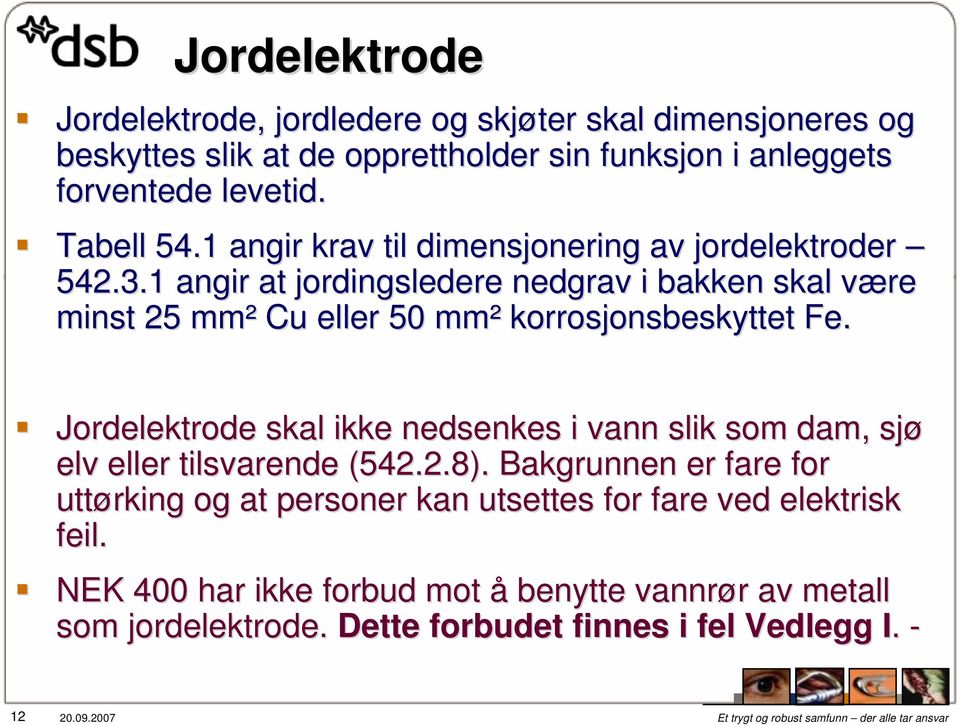 1 angir at jordingsledere nedgrav i bakken skal være v minst 25 mm² Cu eller 50 mm² korrosjonsbeskyttet Fe.