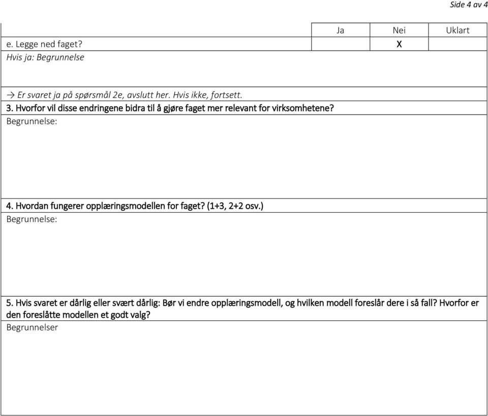 Hvordan fungerer opplæringsmodellen for faget? (1+3, 2+2 osv.) Begrunnelse: 5.