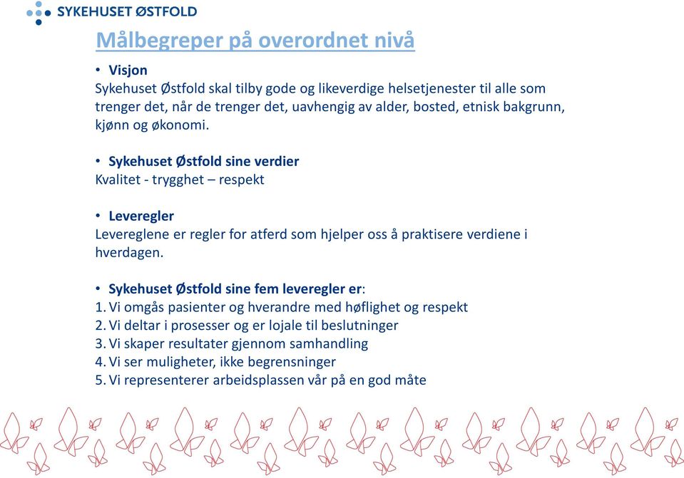 Sykehuset Østfold sine verdier Kvalitet - trygghet respekt Leveregler Levereglene er regler for atferd som hjelper oss å praktisere verdiene i hverdagen.