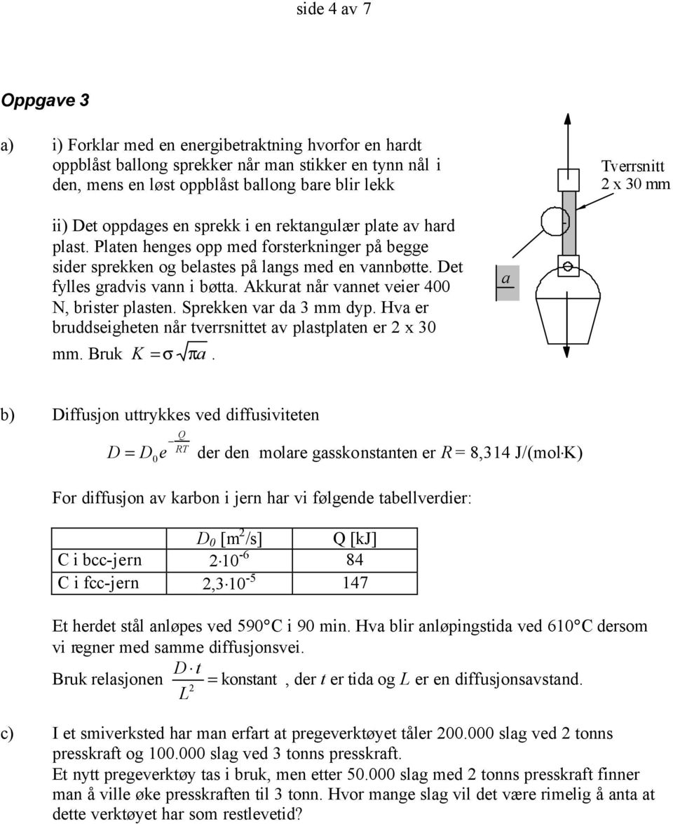 Det fylles gradvis vann i bøtta. Akkurat når vannet veier 400 N, brister plasten. Sprekken var da 3 mm dyp. Hva er bruddseigheten når tverrsnittet av plastplaten er 2 x 30 mm. Bruk K = σ πa.