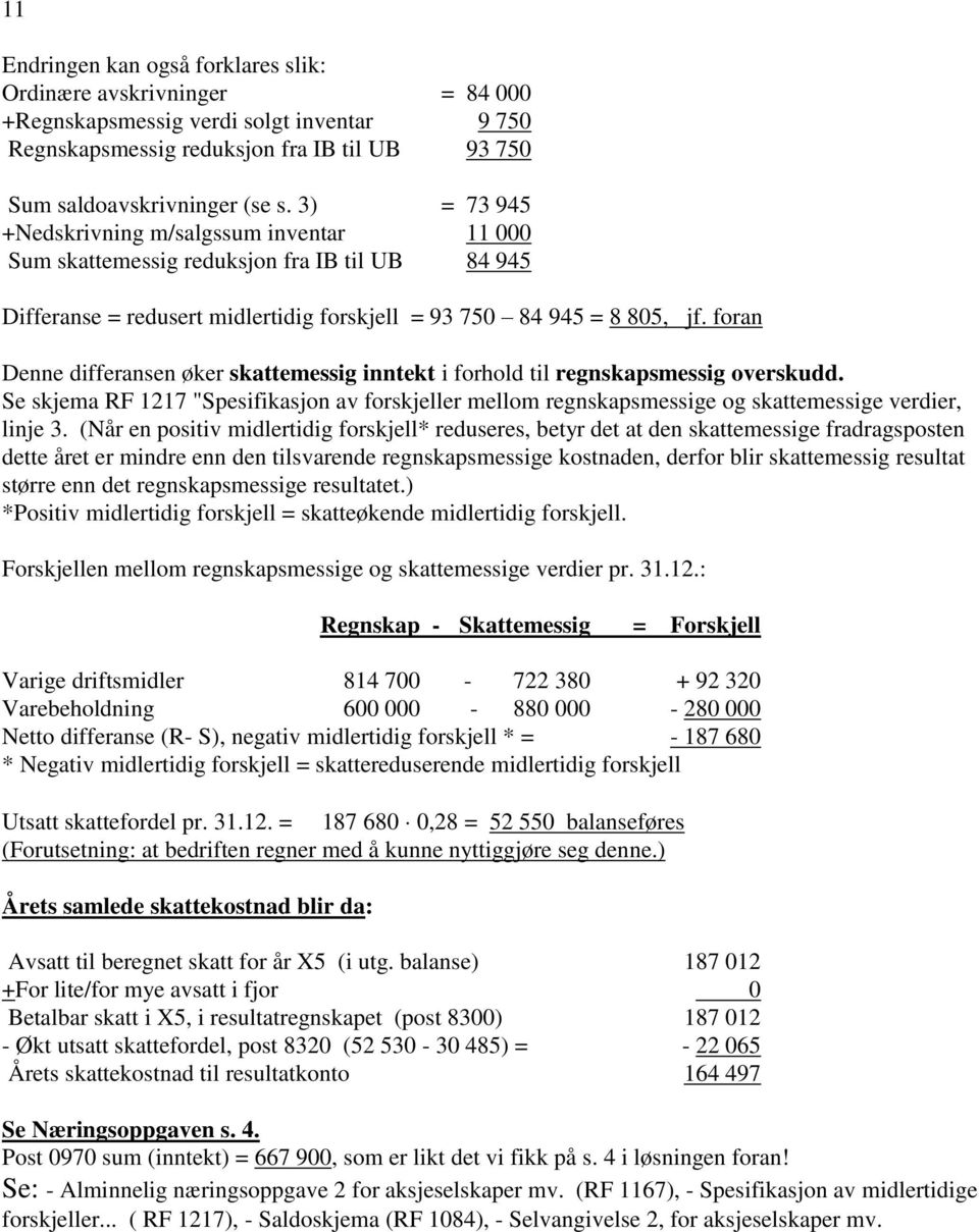 foran Denne differansen øker skattemessig inntekt i forhold til regnskapsmessig overskudd. Se skjema RF 1217 "Spesifikasjon av forskjeller mellom regnskapsmessige og skattemessige verdier, linje 3.