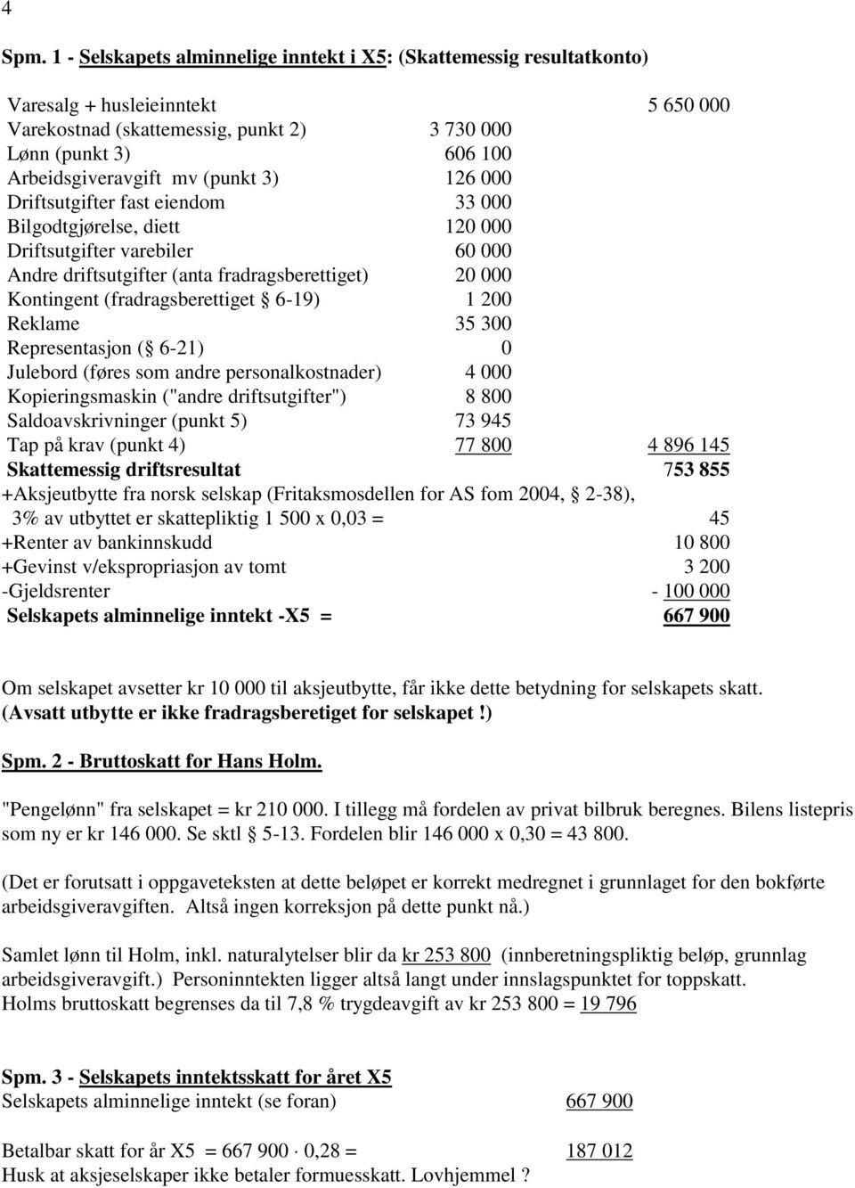 (punkt 3) 126 000 Driftsutgifter fast eiendom 33 000 Bilgodtgjørelse, diett 120 000 Driftsutgifter varebiler 60 000 Andre driftsutgifter (anta fradragsberettiget) 20 000 Kontingent