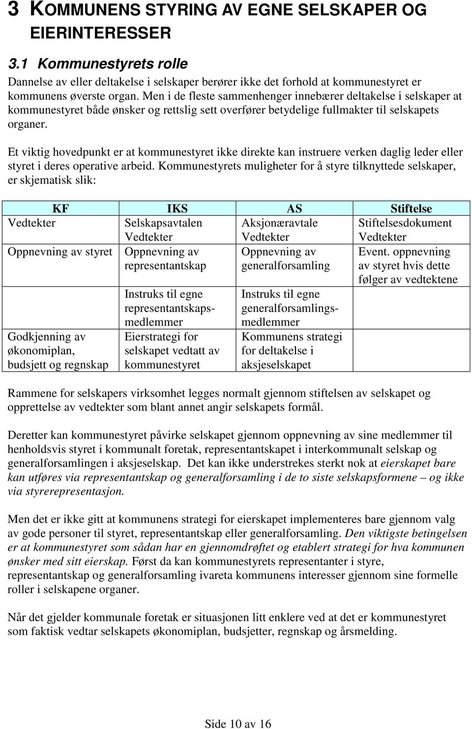 Et viktig hovedpunkt er at kommunestyret ikke direkte kan instruere verken daglig leder eller styret i deres operative arbeid.