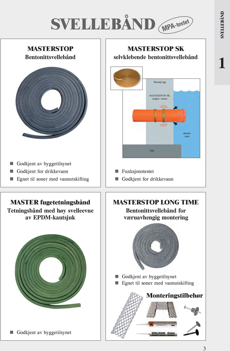 fugetetningsbånd Tetningsbånd med høy svelleevne av EPDM-kautsjuk MASTERSTOP LONG TIME Bentonittsvellebånd