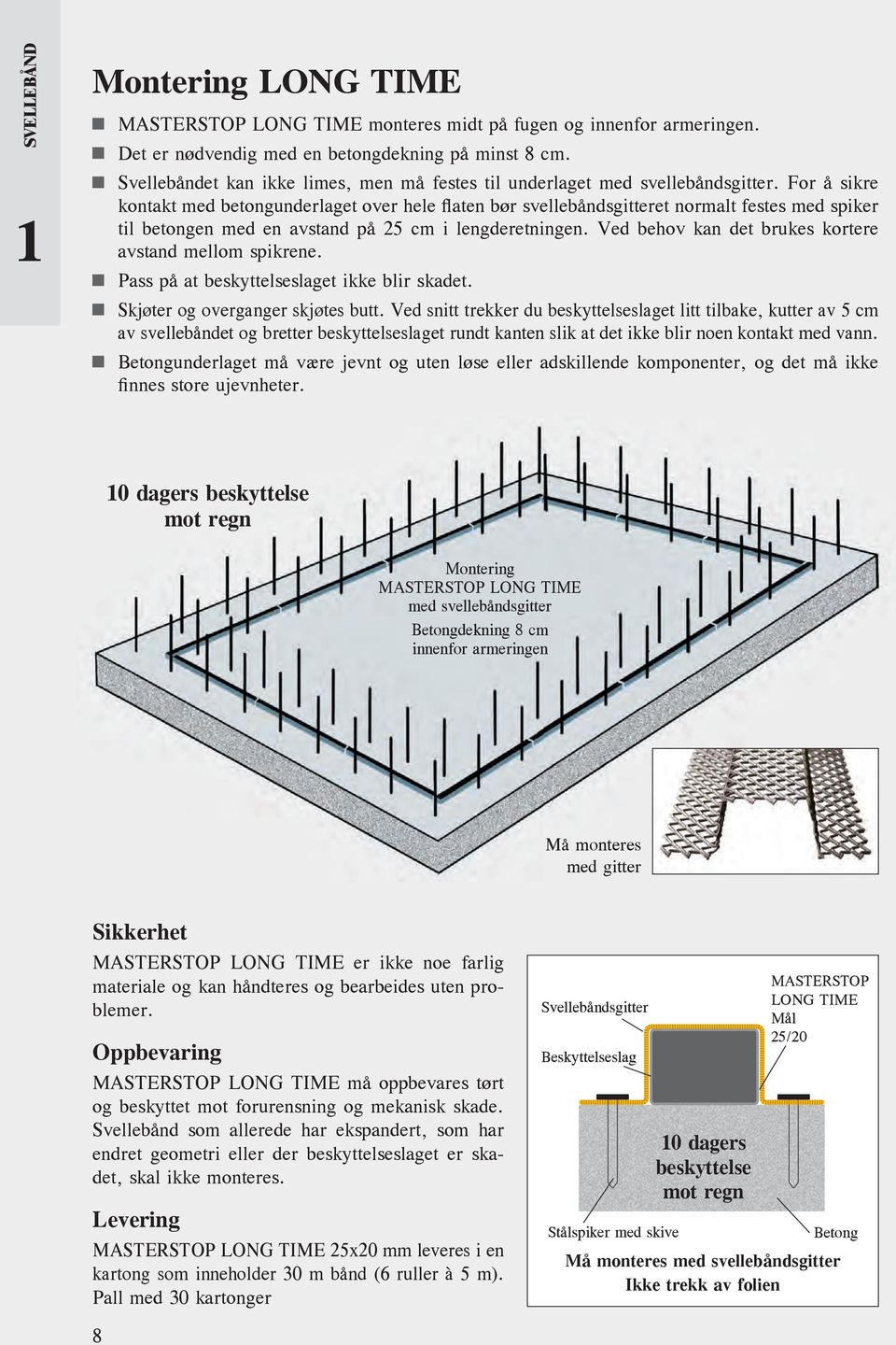 For å sikre kontakt med betongunderlaget over hele flaten bør svellebåndsgitteret normalt festes med spiker til betongen med en avstand på 25 cm i lengderetningen.