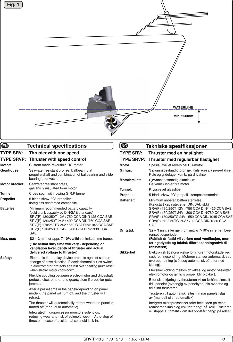 R.P tunnel Propeller: 5 blade skew "Q"-propeller, Batteries: Minimum recommended battery capacity (cold crank capacity by DIN/SAE standard) SRV(P) 130/250T 12V : 750 CCA DIN/1425 CCA SAE SRV(P)