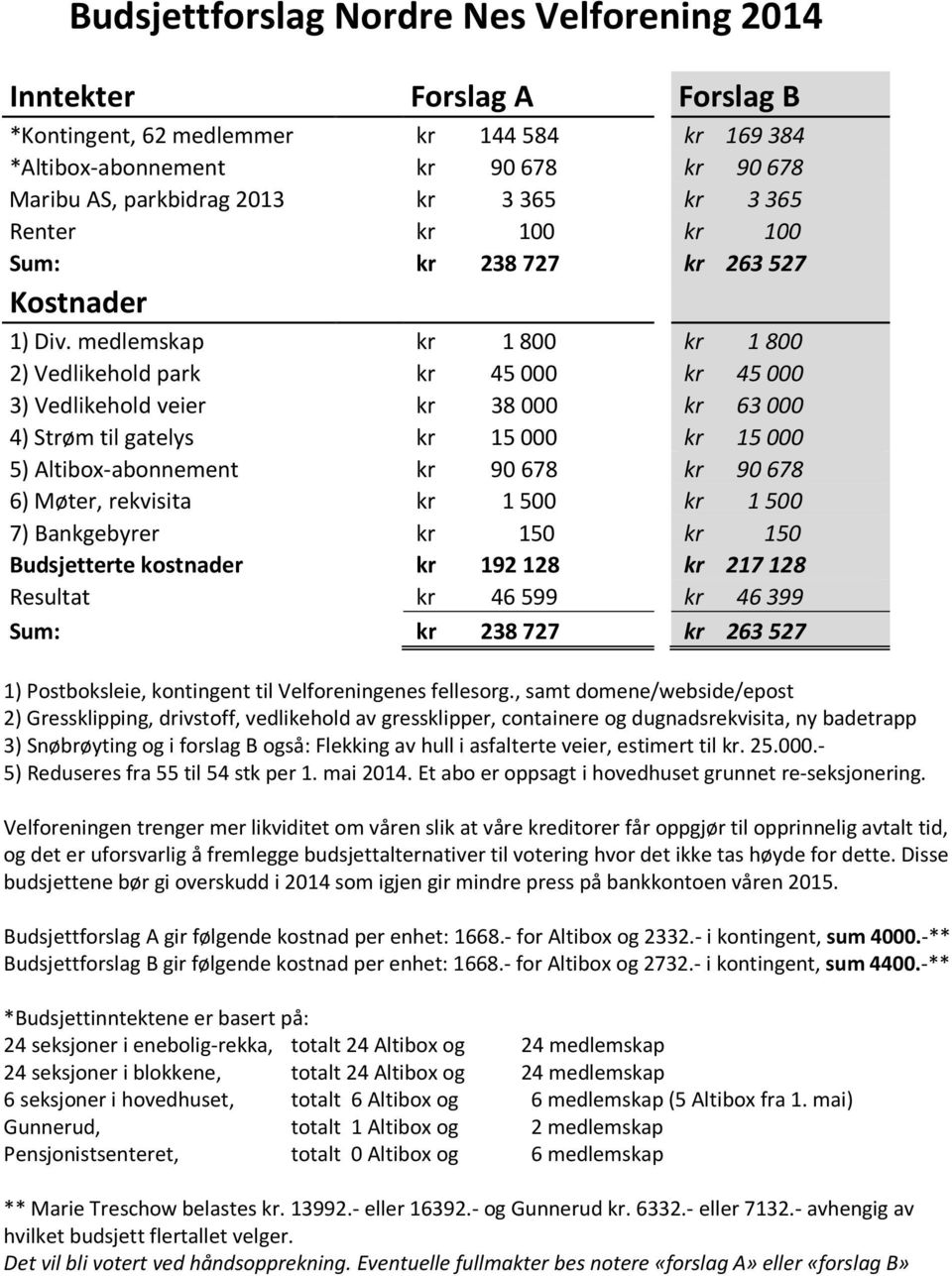 medlemskap kr 1800 kr 1800 2) Vedlikehold park kr 45000 kr 45000 3) Vedlikehold veier kr 38000 kr 63000 4) Strøm til gatelys kr 15000 kr 15000 5) Altibox-abonnement kr 90678 kr 90678 6) Møter,