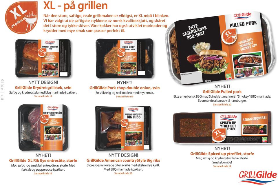 Se tabell side 19 GrillGilde Pork chop double onion, svin En skikkelig og real kotelett med mye smak. Se tabell side19 GrillGilde Pulled pork Ekte amerikansk BBQ mat!