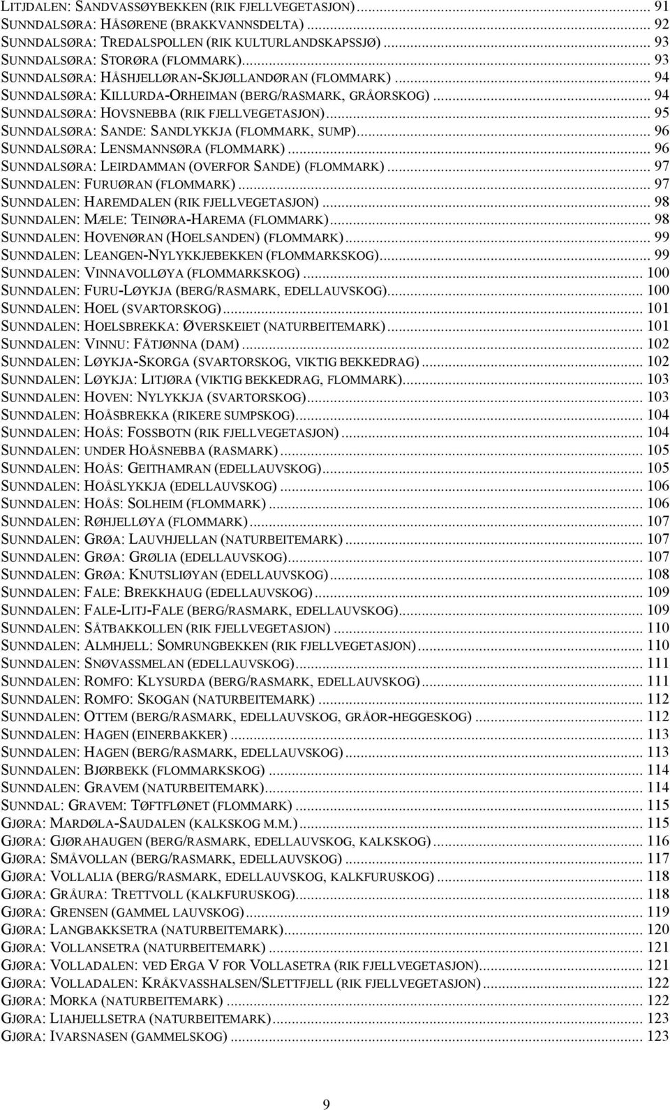 .. 95 SUNNDALSØRA: SANDE: SANDLYKKJA (FLOMMARK, SUMP)... 96 SUNNDALSØRA: LENSMANNSØRA (FLOMMARK)... 96 SUNNDALSØRA: LEIRDAMMAN (OVERFOR SANDE) (FLOMMARK)... 97 SUNNDALEN: FURUØRAN (FLOMMARK).