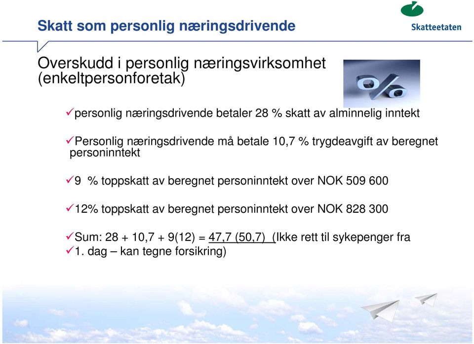 av beregnet personinntekt 9 % toppskatt av beregnet personinntekt over NOK 509 600 12% toppskatt av beregnet