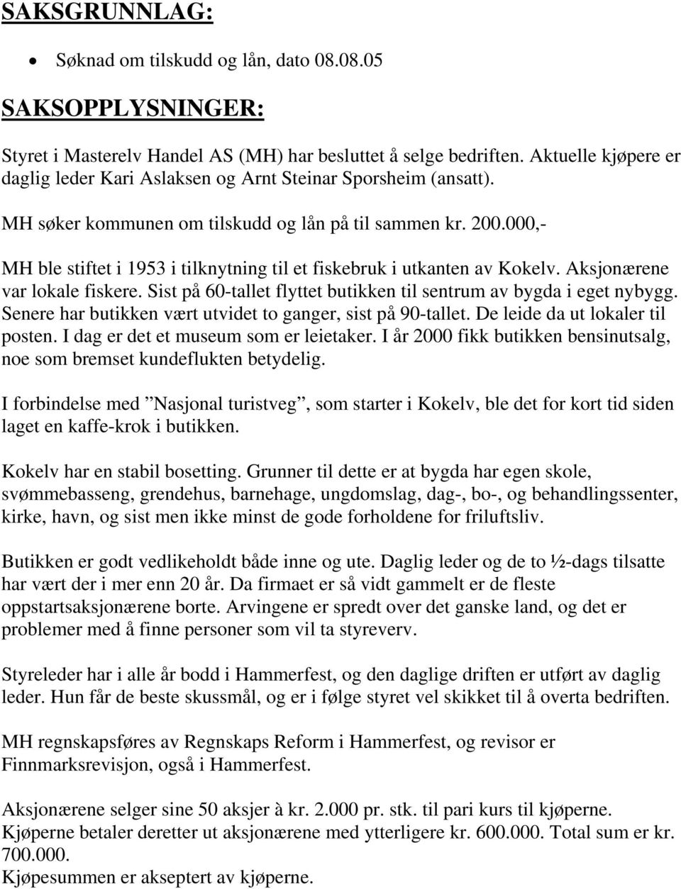 000,- MH ble stiftet i 1953 i tilknytning til et fiskebruk i utkanten av Kokelv. Aksjonærene var lokale fiskere. Sist på 60-tallet flyttet butikken til sentrum av bygda i eget nybygg.