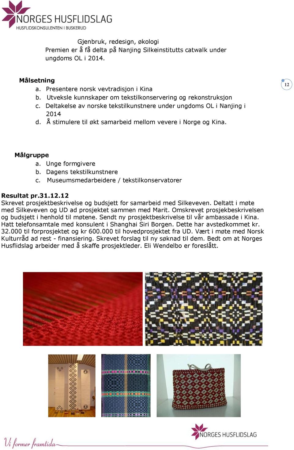 12 Målgruppe a. Unge formgivere b. Dagens tekstilkunstnere c. Museumsmedarbeidere / tekstilkonservatorer Resultat pr.31.12.12 Skrevet prosjektbeskrivelse og budsjett for samarbeid med Silkeveven.