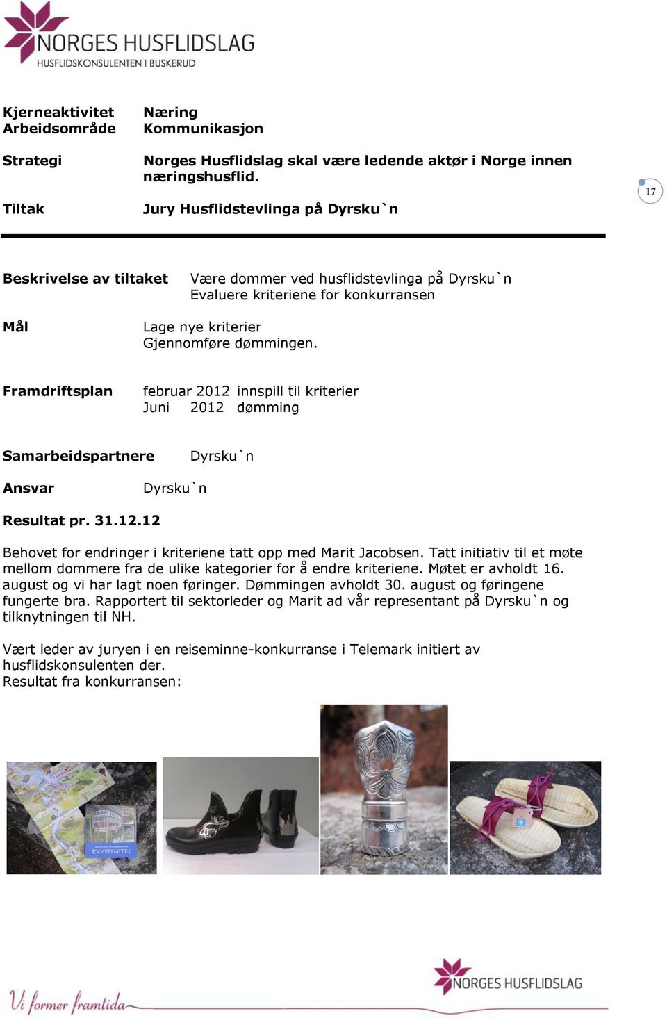 Framdriftsplan februar 2012 innspill til kriterier Juni 2012 dømming Samarbeidspartnere Dyrsku`n Dyrsku`n Resultat pr. 31.12.12 Behovet for endringer i kriteriene tatt opp med Marit Jacobsen.