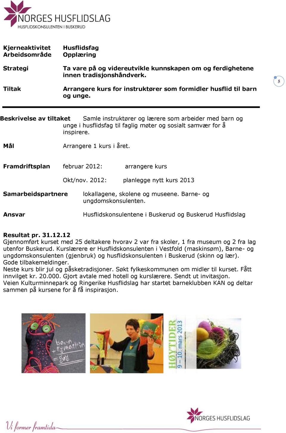 Framdriftsplan februar 2012: arrangere kurs Okt/nov. 2012: planlegge nytt kurs 2013 Samarbeidspartnere lokallagene, skolene og museene. Barne- og ungdomskonsulenten.