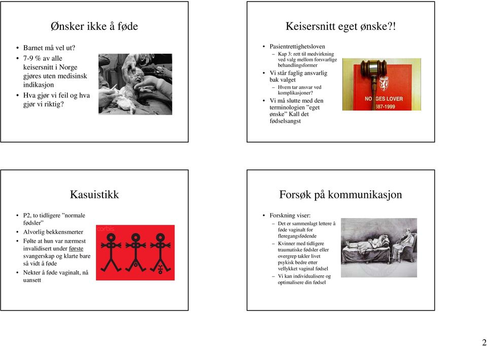 Vi må slutte med den terminologien eget ønske Kall det fødselsangst P2, to tidligere normale fødsler Alvorlig bekkensmerter Følte at hun var nærmest invalidisert under første svangerskap og klarte