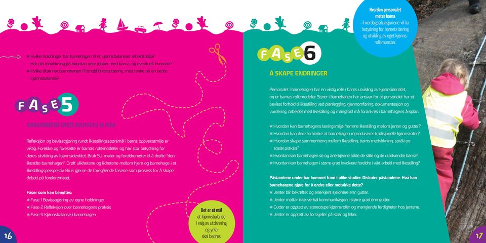 F A S 6 Å skape endringer Hvordan personalet møter barna i hverdagssituasjonene vil ha betydning for barnets læring og utvikling av eget kjønnsrollemønster.