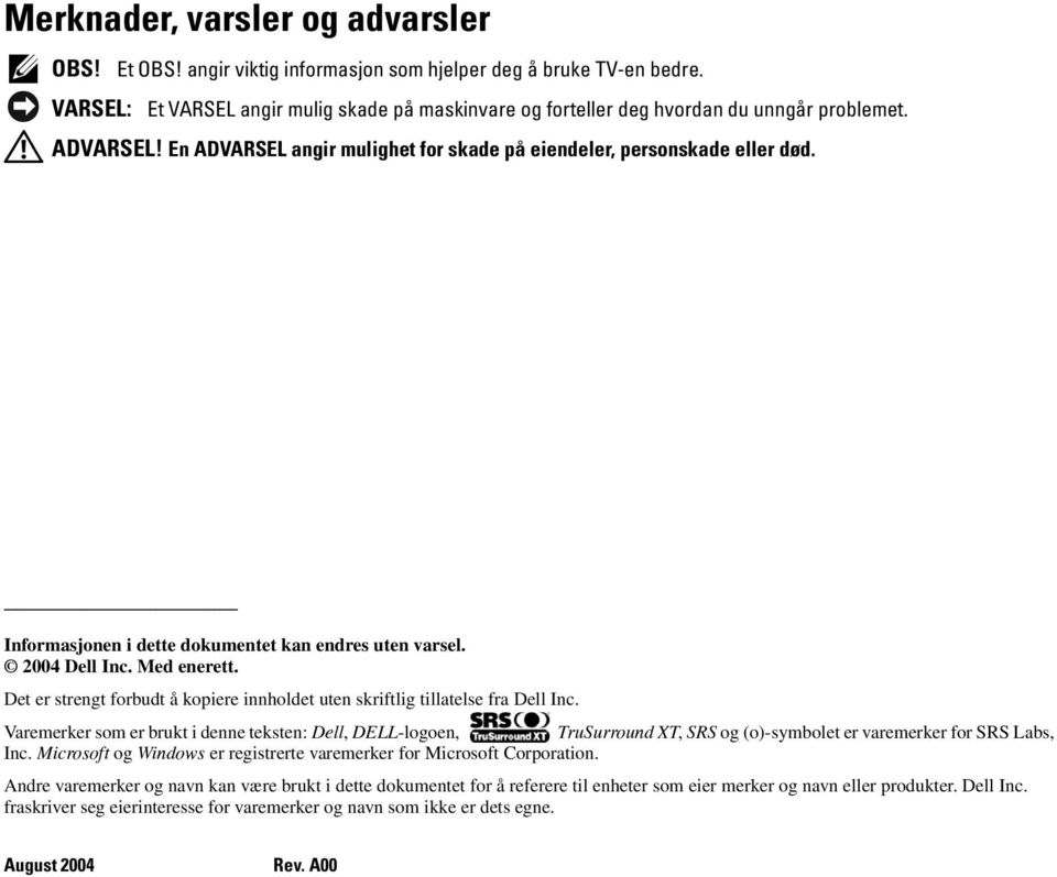 Informasjonen i dette dokumentet kan endres uten varsel. 2004 Dell Inc. Med enerett. Det er strengt forbudt å kopiere innholdet uten skriftlig tillatelse fra Dell Inc.