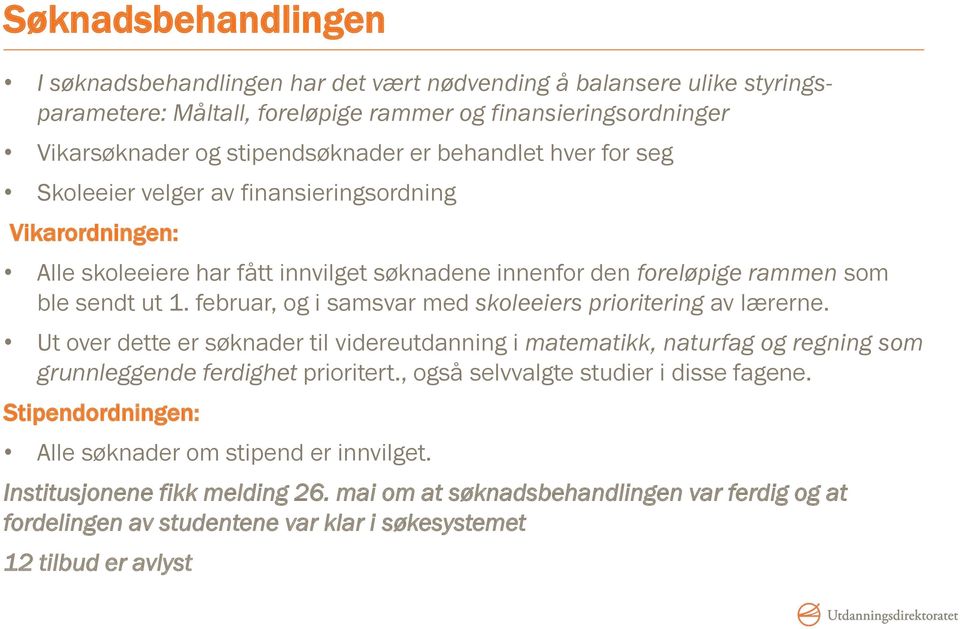 februar, og i samsvar med skoleeiers prioritering av lærerne. Ut over dette er søknader til videreutdanning i matematikk, naturfag og regning som grunnleggende ferdighet prioritert.