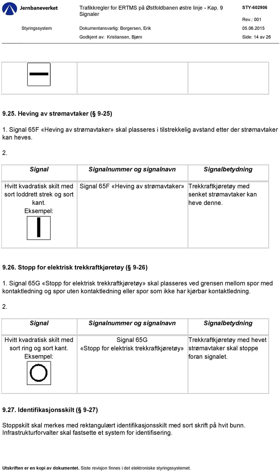 Signal 65G «Stopp for elektrisk trekkraftkjøretøy» skal plasseres ved grensen mellom spor med kontaktledning og spor uten kontaktledning eller spor som ikke har kjørbar kontaktledning. 2.