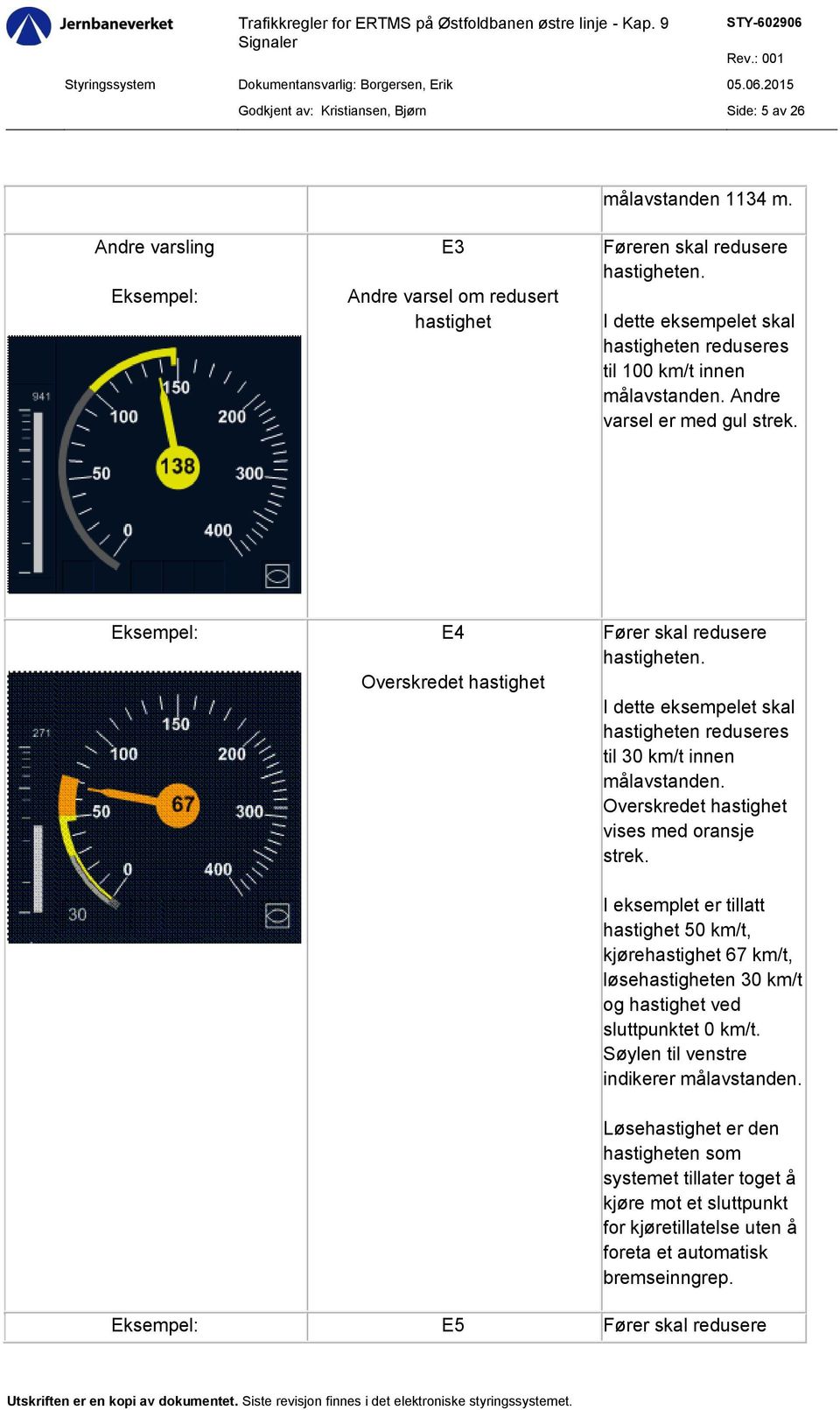 I dette eksempelet skal hastigheten reduseres til 30 km/t innen målavstanden. Overskredet hastighet vises med oransje strek.