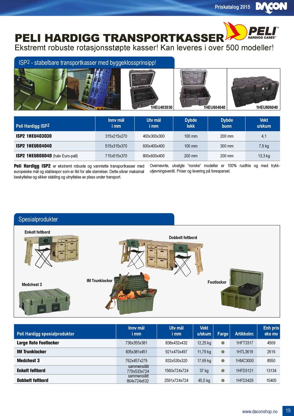 600x400x400 100 mm 300 mm 7,9 kg ISP2 1HEU806040 (halv Euro-pall) 715x515x370 800x600x400 200 mm 200 mm 13,3 kg Peli Hardigg ISP2 er ekstremt robuste og vanntette transportkasser med europeiske mål