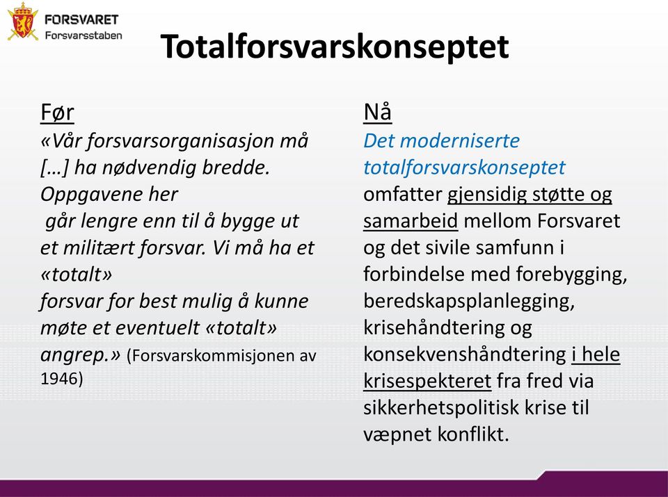 Vi må ha et «totalt» forsvar for best mulig å kunne møte et eventuelt «totalt» angrep.