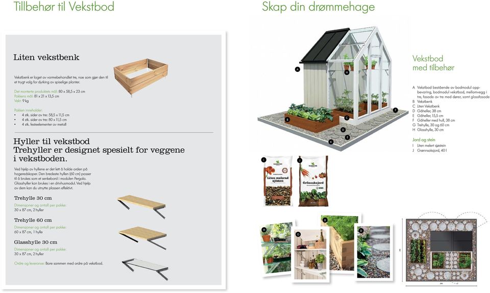 festeelementer av metall B A D H C F Vekstbod med tilbehør A Vekstbod bestående av bodmodul oppbevaring, bodmodul vekstbod, mellomvegg i tre, fasade av tre med dører, samt glassfasade B Vekstbenk C