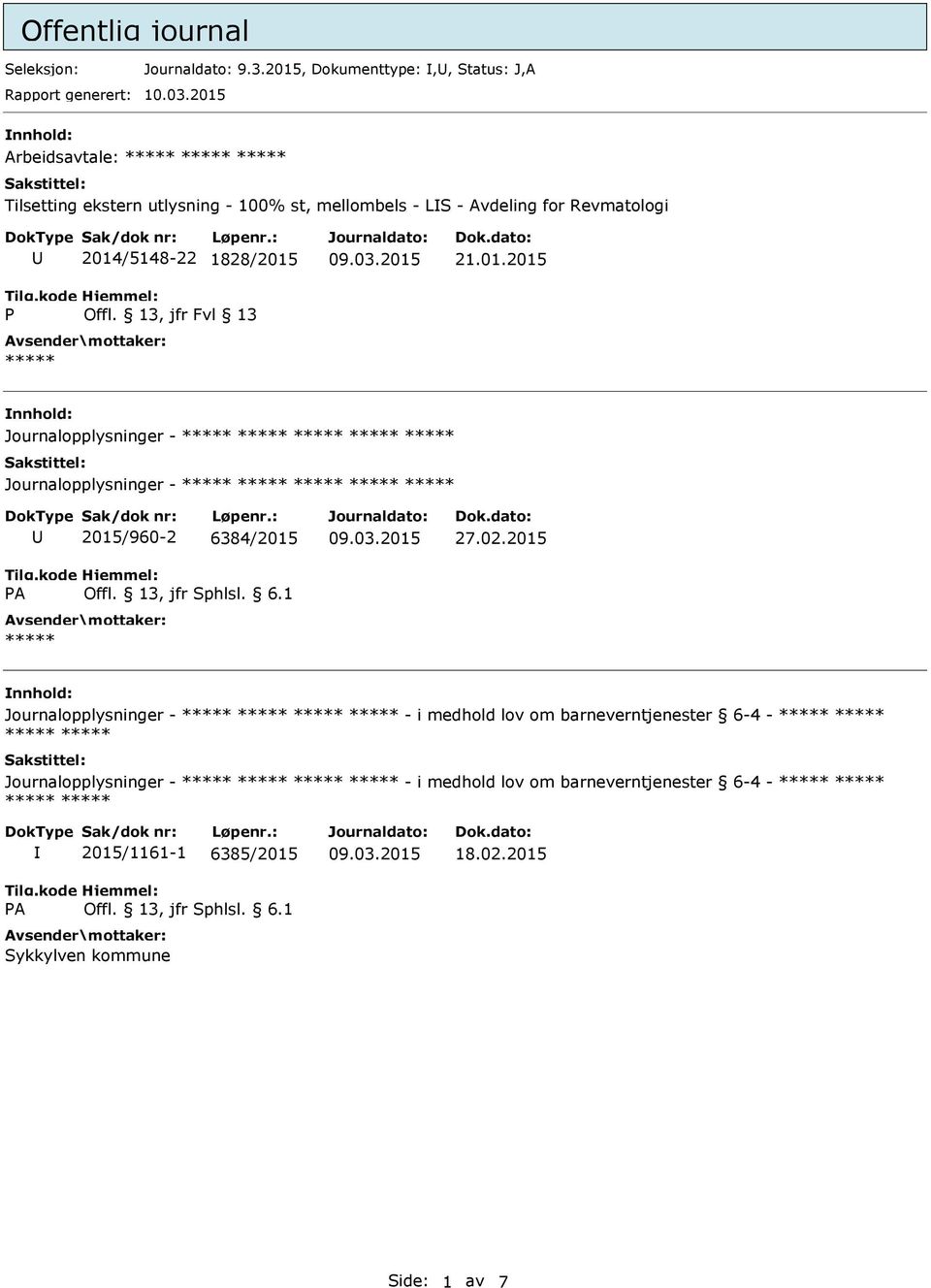 Offl. 13, jfr Fvl 13 21.01.2015 Journalopplysninger - Journalopplysninger - 2015/960-2 6384/2015 27.02.