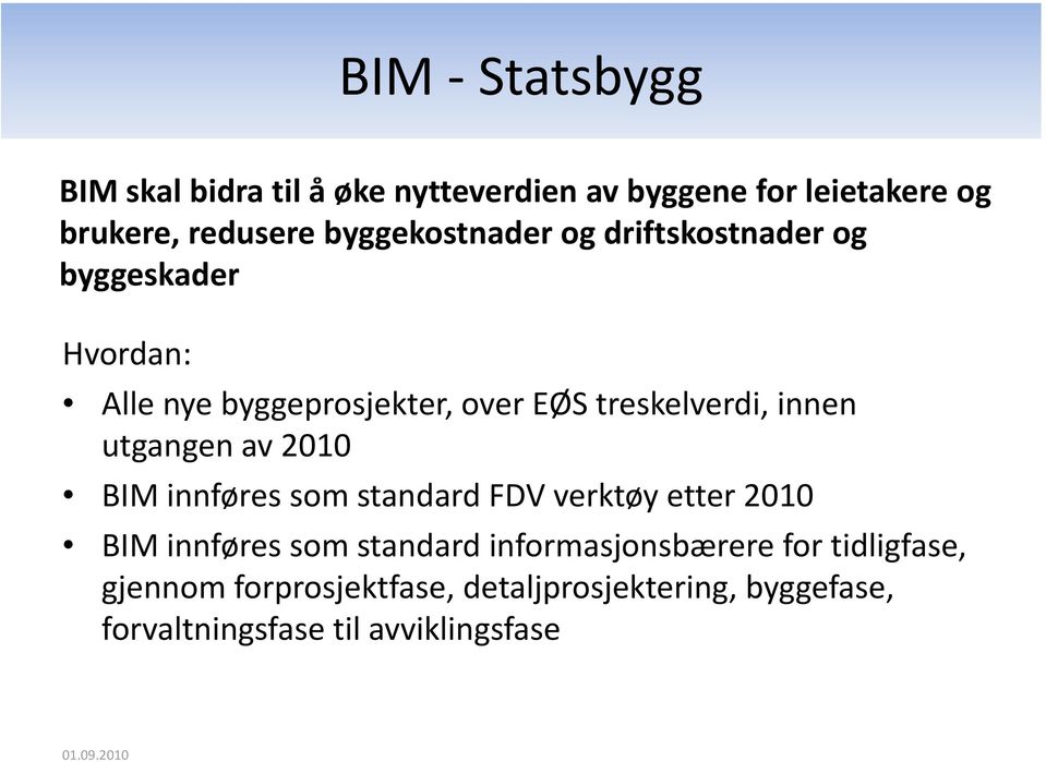 innen utgangen av 2010 BIM innføres som standard FDV verktøy etter 2010 BIM innføres som standard