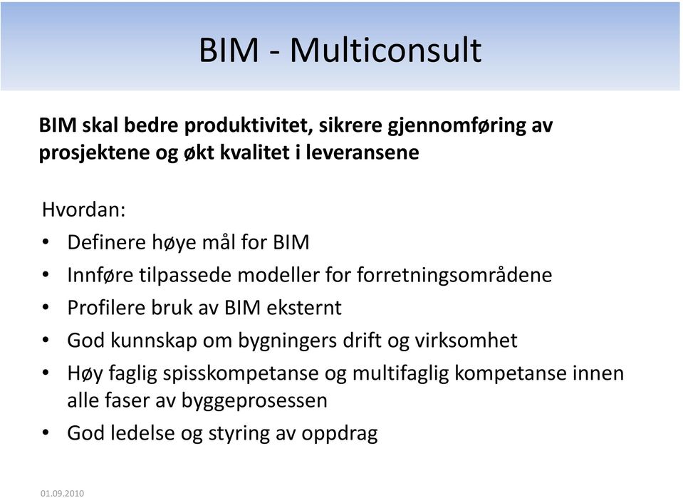 forretningsområdene Profilere bruk av BIM eksternt God kunnskap om bygningers drift og virksomhet