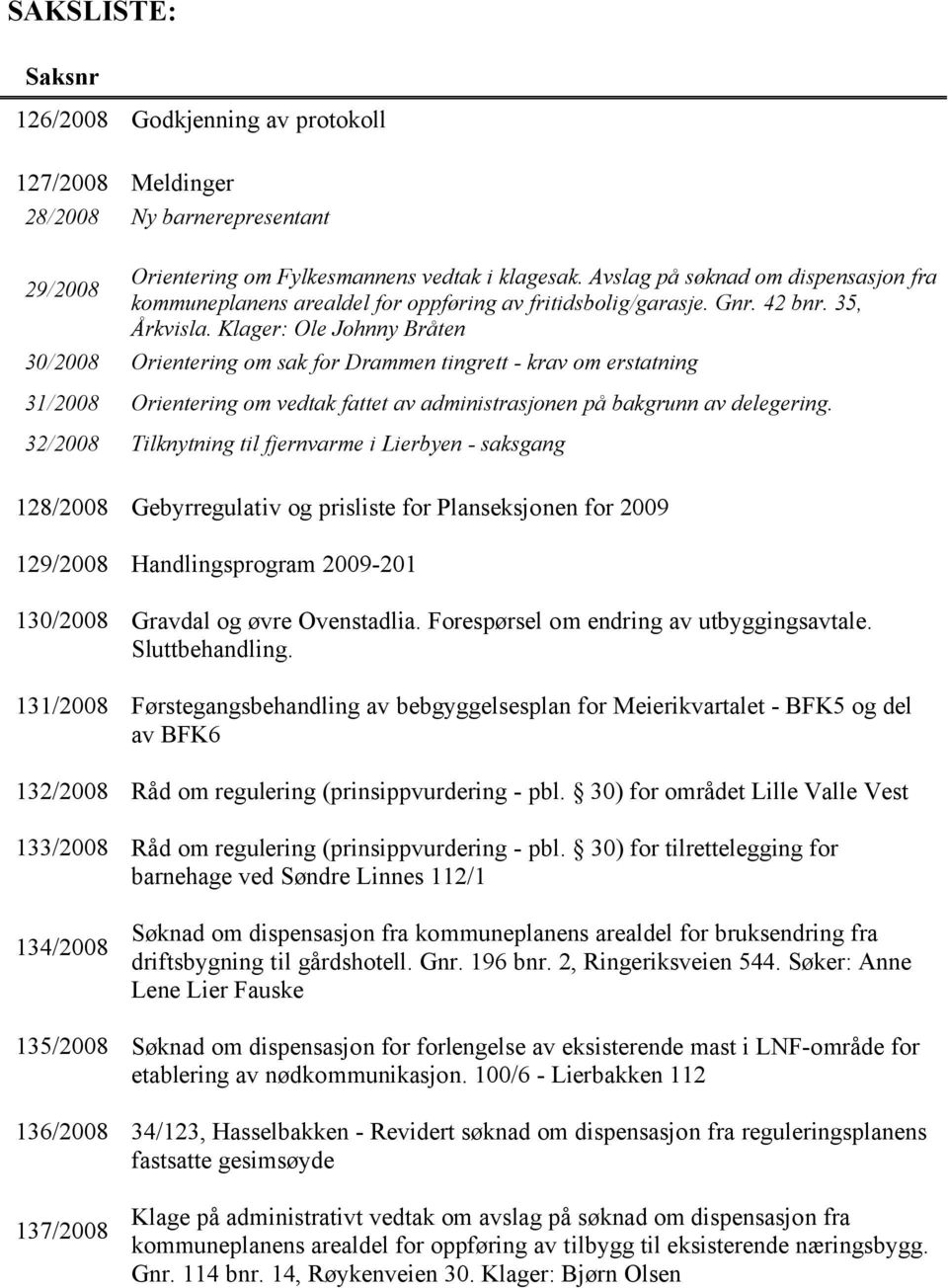 Klager: Ole Johnny Bråten 30/2008 Orientering om sak for Drammen tingrett - krav om erstatning 31/2008 Orientering om vedtak fattet av administrasjonen på bakgrunn av delegering.