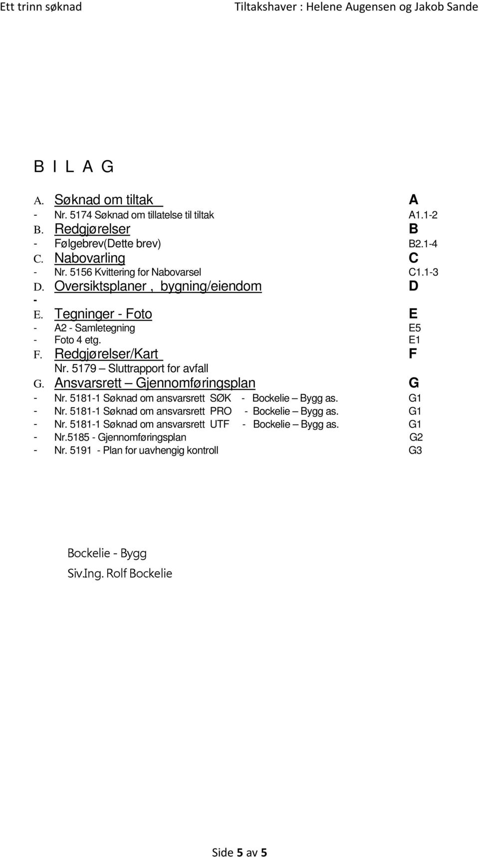 5179 Sluttrapport for avfall G. Ansvarsrett Gjennomføringsplan G - Nr. 5181-1 Søknad om ansvarsrett SØK - Bockelie Bygg as. G1 - Nr.