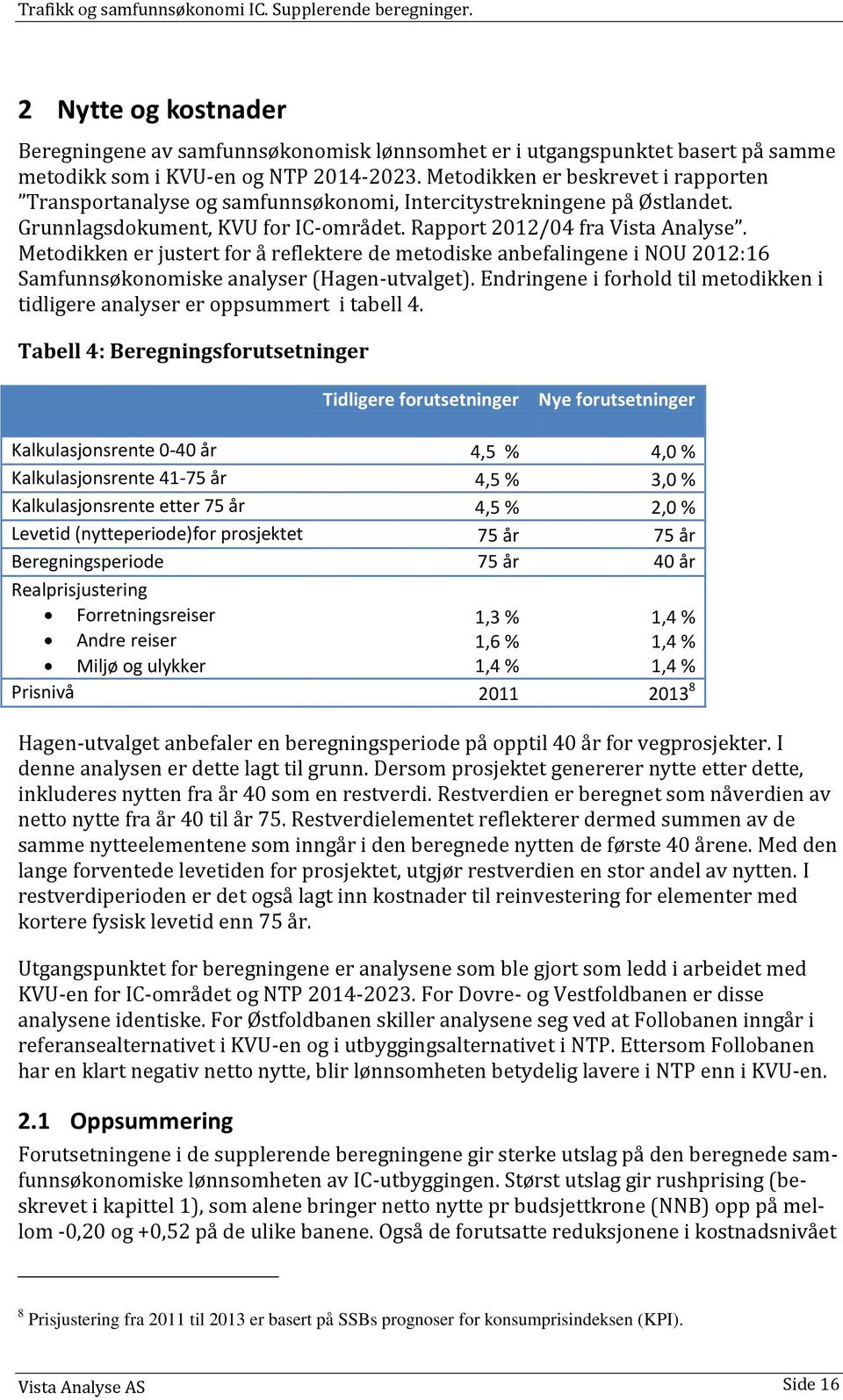 Metodikken er justert for å reflektere de metodiske anbefalingene i NOU 2012:16 Samfunnsøkonomiske analyser (Hagen-utvalget).