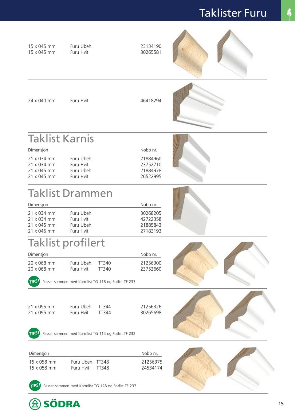 30268205 21 x 034 mm Furu Hvit 42722358 21 x 045 mm Furu Ubeh. 21885843 21 x 045 mm Furu Hvit 27183193 Taklist profilert 20 x 068 mm Furu Ubeh.