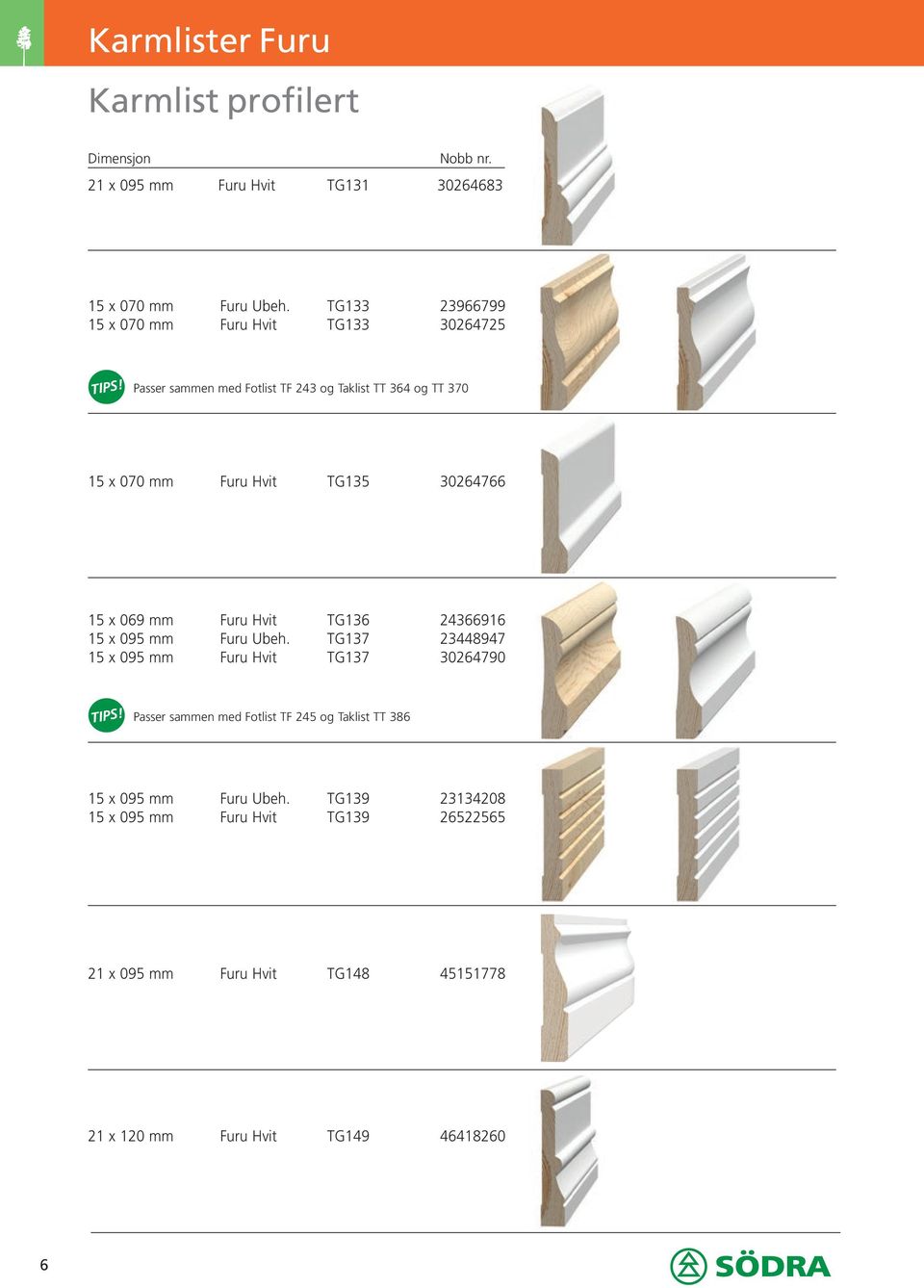 TG135 30264766 15 x 069 mm Furu Hvit TG136 24366916 15 x 095 mm Furu Ubeh.