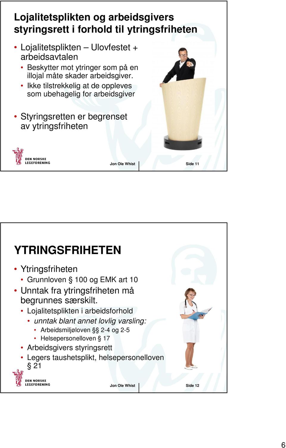 Ikke tilstrekkelig at de oppleves som ubehagelig for arbeidsgiver Styringsretten er begrenset av ytringsfriheten Jon Ole Whist Side 11 YTRINGSFRIHETEN