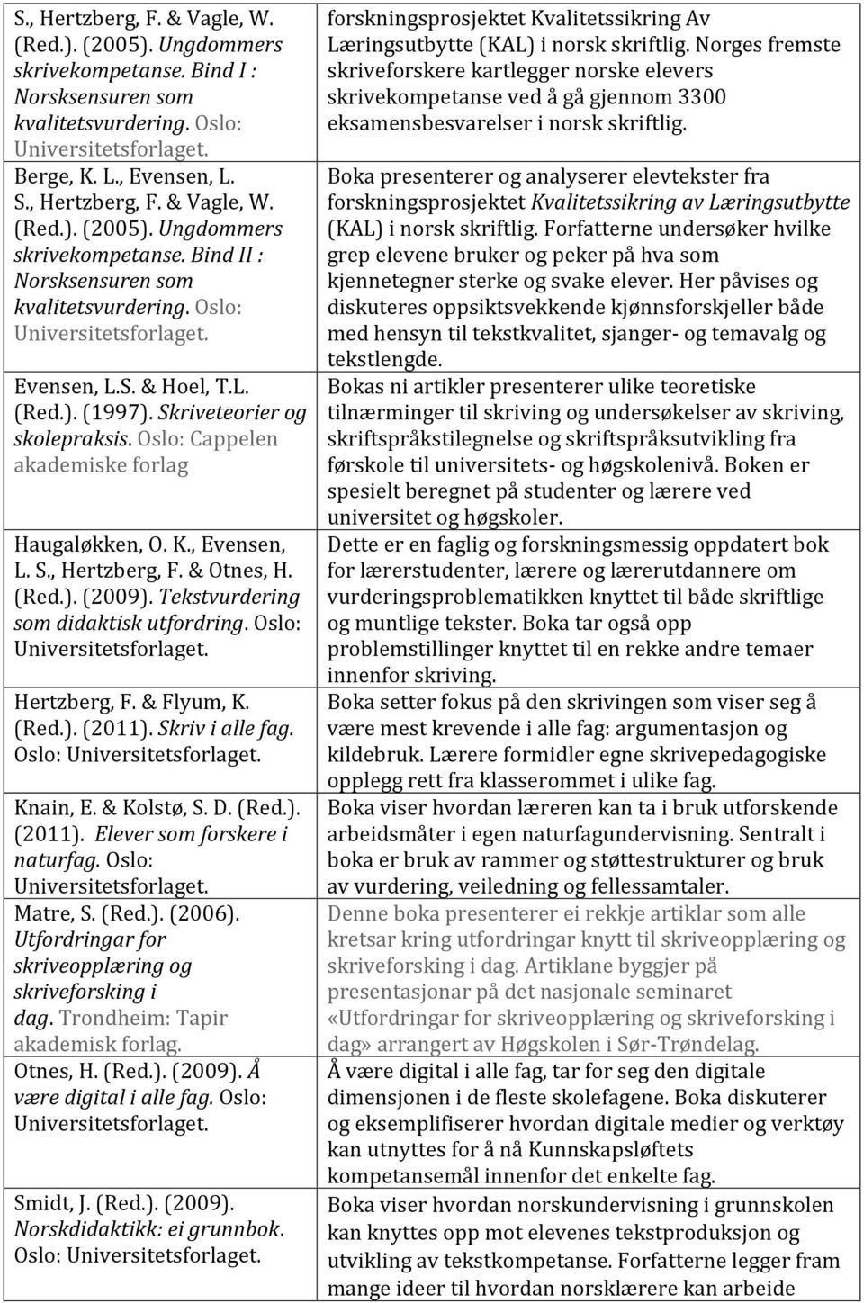 Tekstvurdering som didaktisk utfordring. Oslo: Hertzberg, F. & Flyum, K. (Red.). (2011). Skriv i alle fag. Oslo: Knain, E. & Kolstø, S. D. (Red.). (2011). Elever som forskere i naturfag.