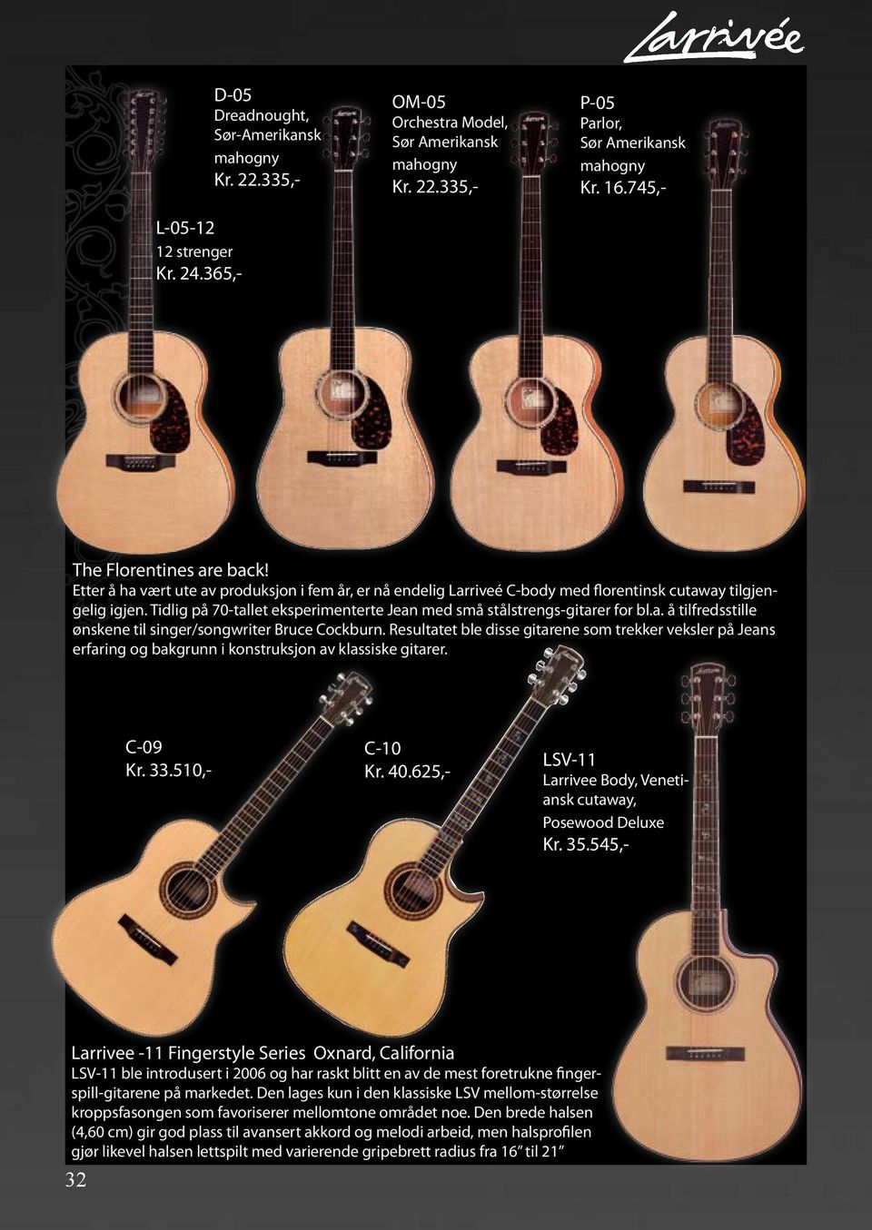 Resultatet ble disse gitarene som trekker veksler på Jeans erfaring og bakgrunn i konstruksjon av klassiske gitarer. C-09 Kr. 33.510,- C-10 Kr. 40.625,- LSV-11 Venetiansk cutaway, Posewood Deluxe Kr.