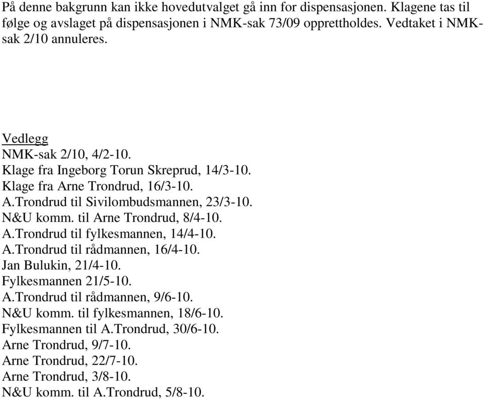 N&U komm. til Arne Trondrud, 8/4-10. A.Trondrud til fylkesmannen, 14/4-10. A.Trondrud til rådmannen, 16/4-10. Jan Bulukin, 21/4-10. Fylkesmannen 21/5-10. A.Trondrud til rådmannen, 9/6-10.